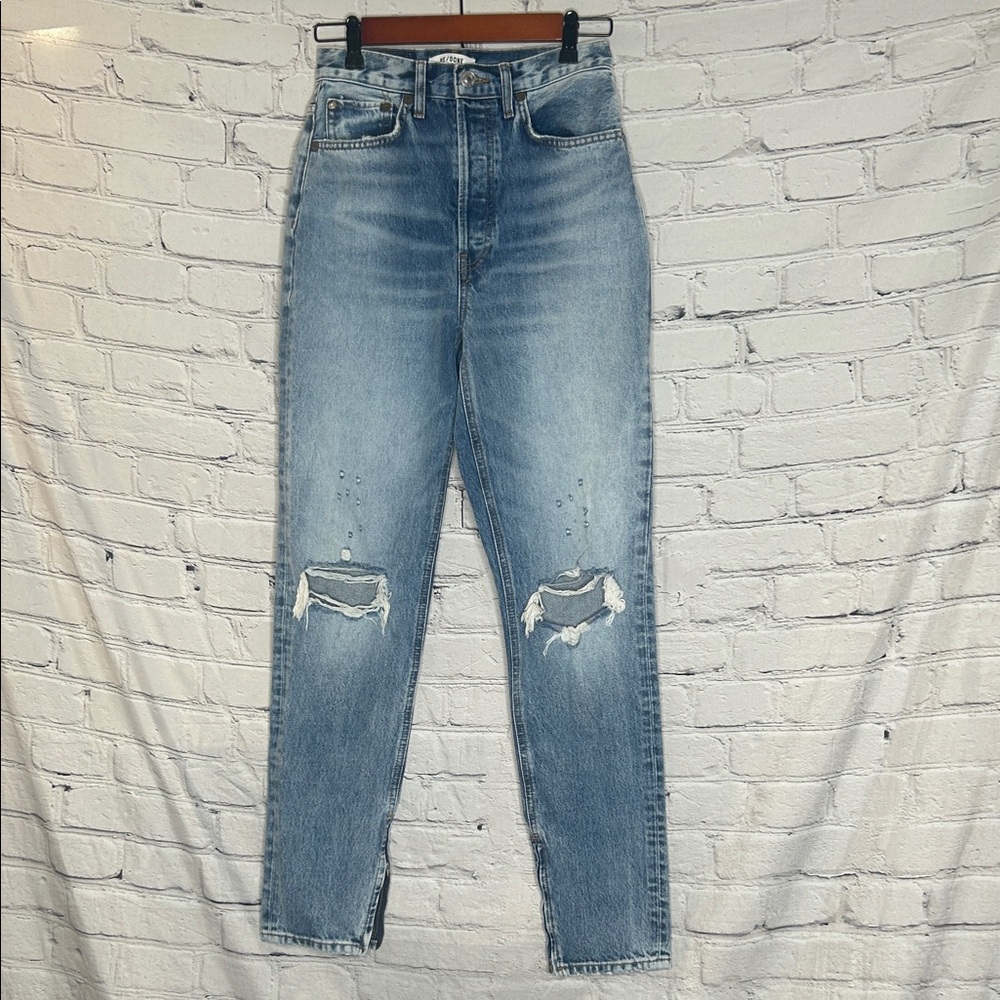 Re/Done Light Wash Super High Drain Pipe Distressed Blue Jeans Size 27